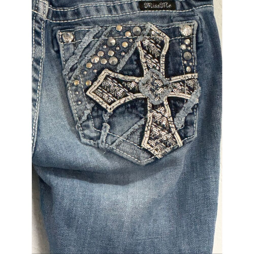 Miss Me Jeans Womens 25 Blue Signature Straight Low Rise Distressed Embellished - Picture 4 of 6